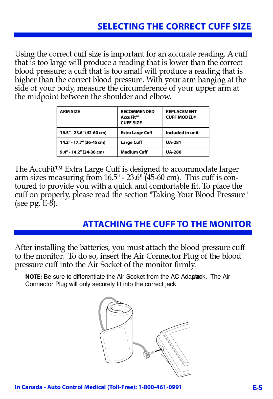 LifeSource UA-789 manual SELECTING THE CORRECT CUFF Size, Attaching the cuff to the monitor 